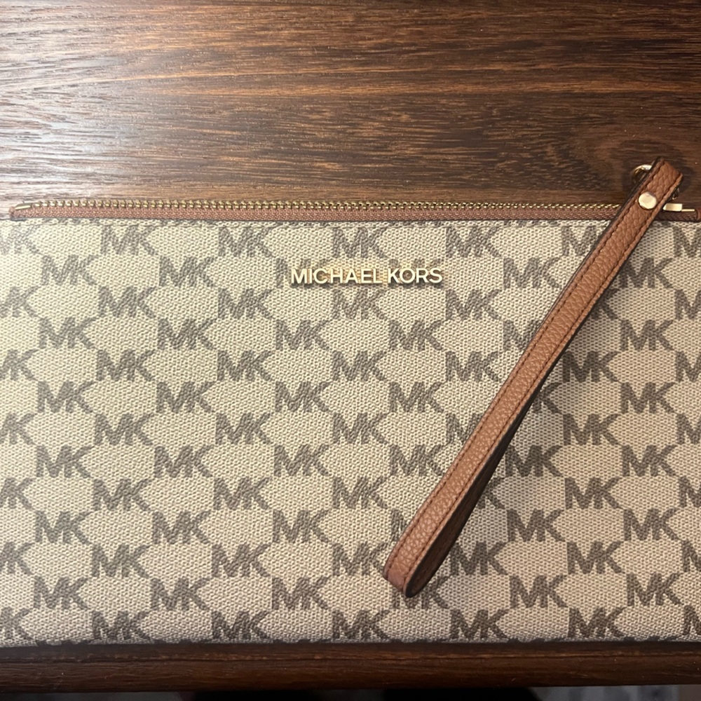 Michael Kors Monogram Beige and Brown Clutch